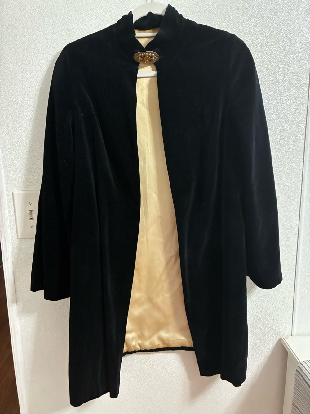 Vintage Black Velvet Cape Coat with Gold Lining & Brooch Embellishment